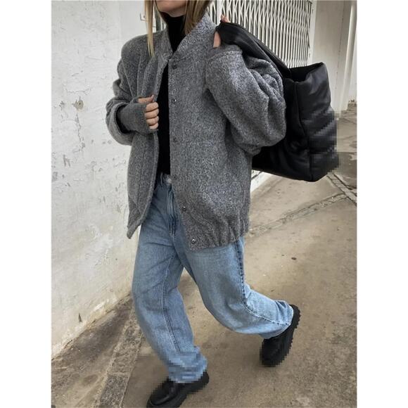 Zara Textured Urban Oversized Bomber Jacket Big Pocket Size M/L In Marl Gray - Picture 7 of 16